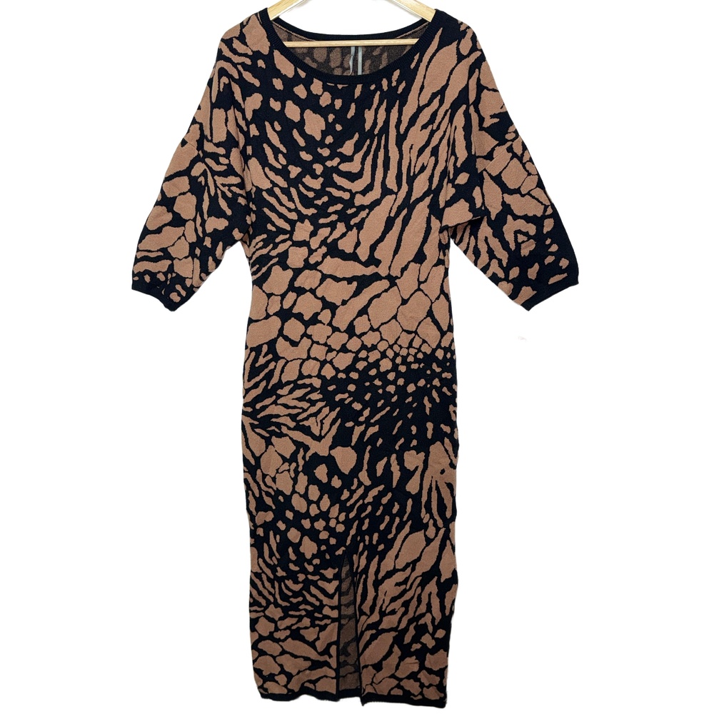 NEW Anthropologie Black Tan Viscose Knit Animal Print Maxi Dress Size Medium M